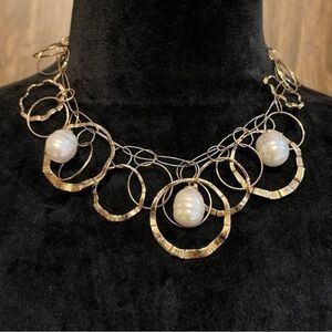 Gold Tone Costume Necklace Pearl Like Circle Links Layers of Circles